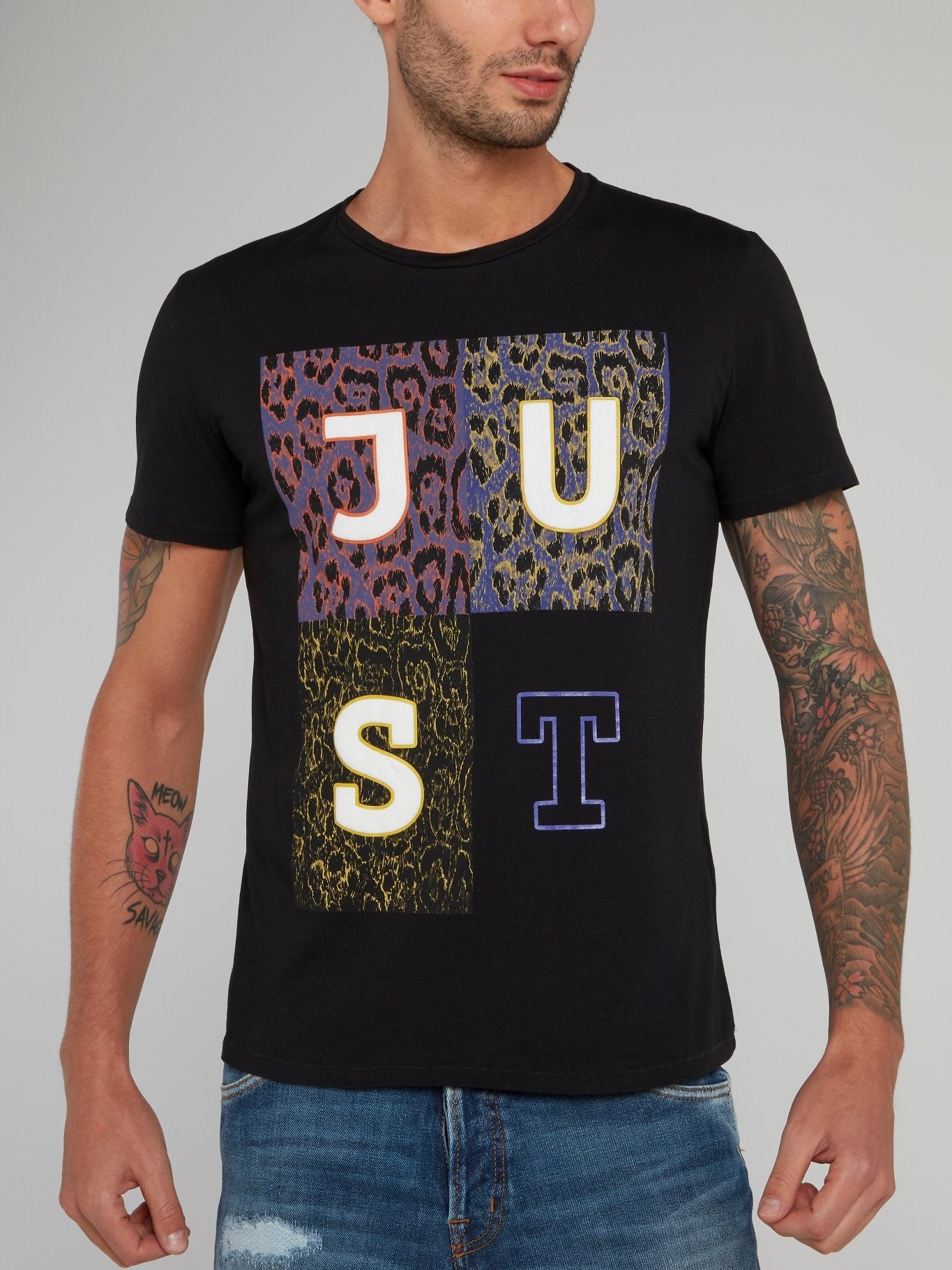 Black Leopard Panel Logo Cotton T-Shirt