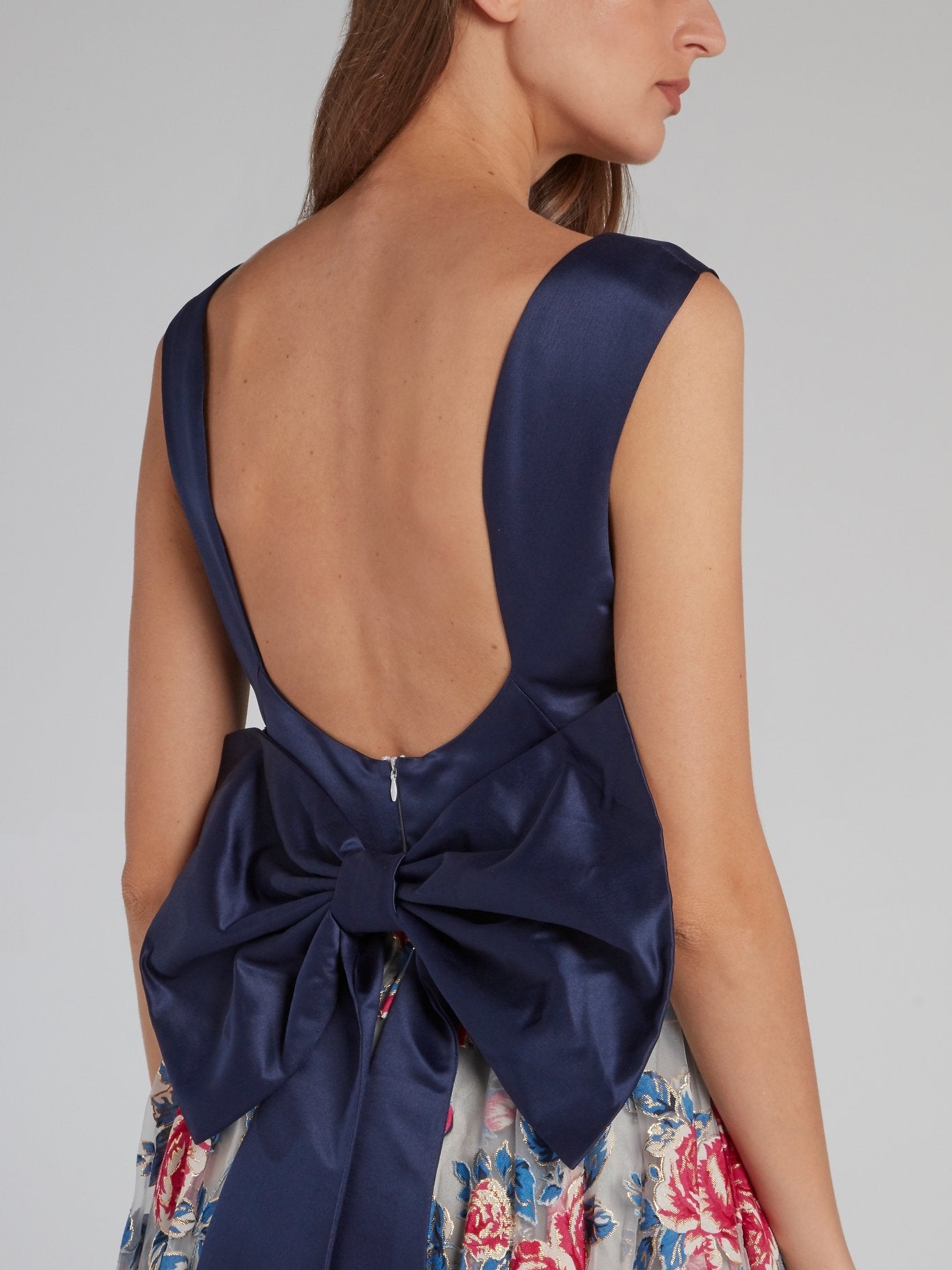 Navy Bodice Ribbon Detail Floral Dress