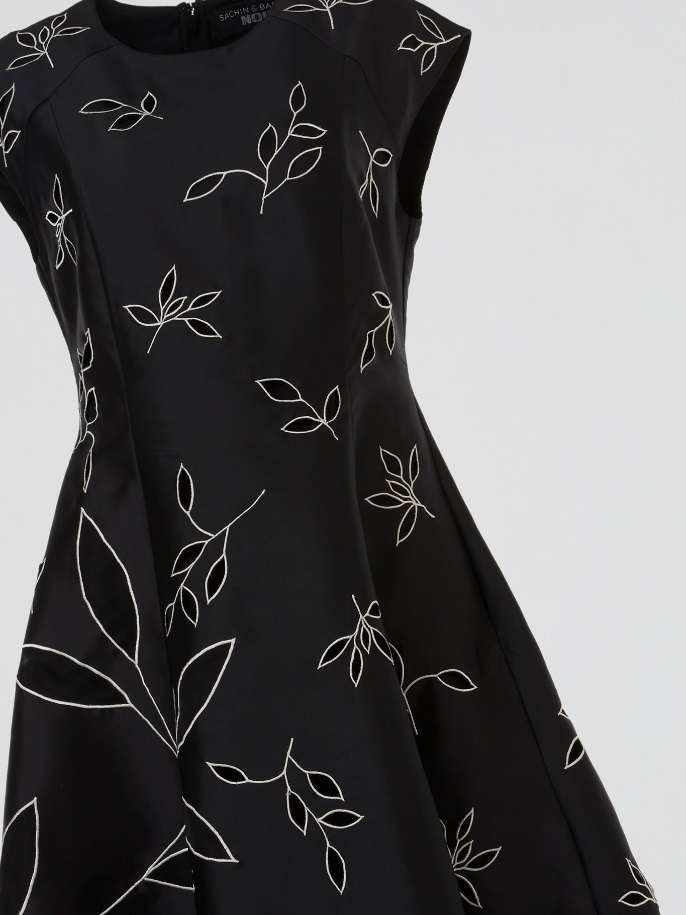 Black Botanical Embroidered Flare Midi