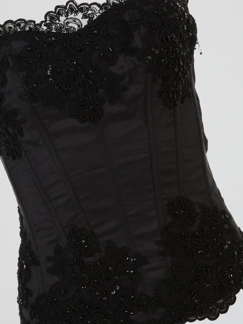 Black Floral Embellished Corset Top