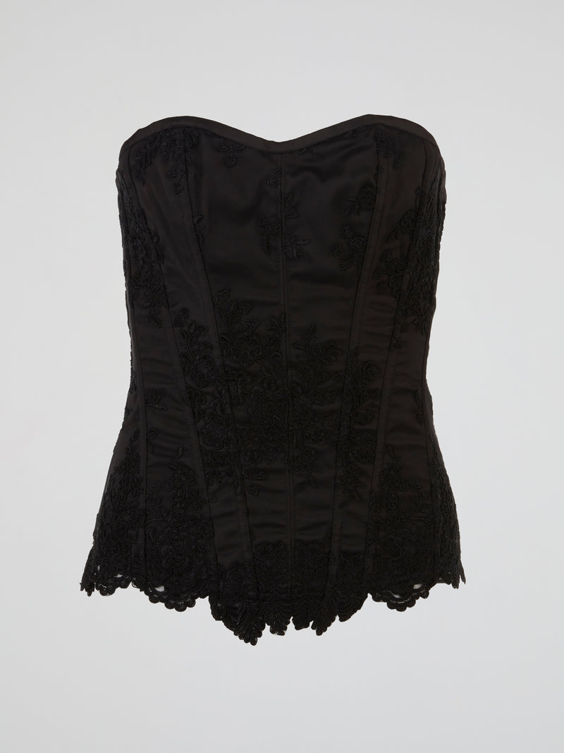 Black Embroidered Satin Corset Top