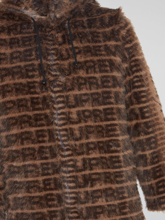 Brown Motion Logo Faux Fur Hooded Jacket