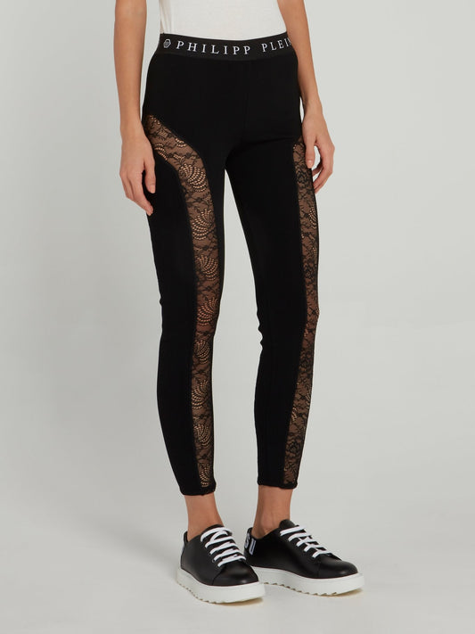 Logo Waistband Lace Panel Leggings