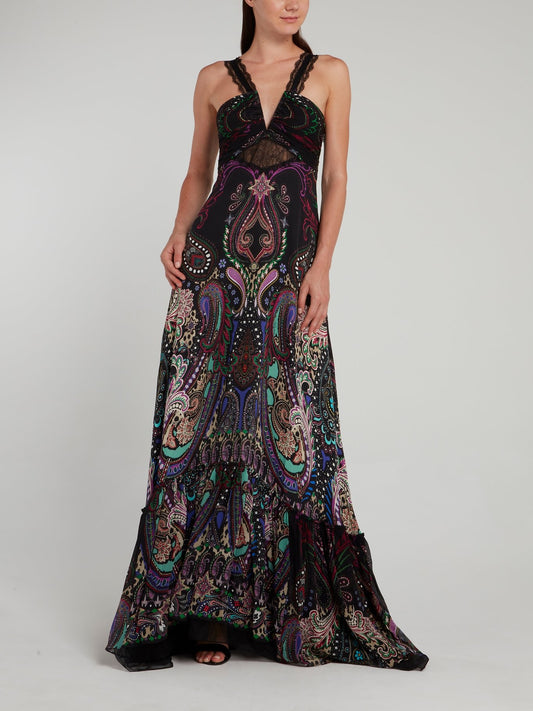 Black Paisley Print Lace Strap Maxi Dress