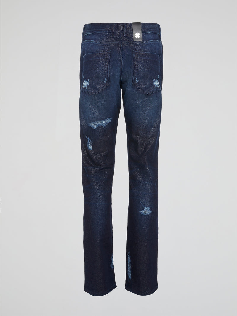 Experience the ultimate in denim luxury with our Navy Distressed Slim Fit Jeans by Roberto Cavalli. Crafted with precision and attention to detail, these jeans are a work of art, combining edgy distressing with a sleek slim fit silhouette. Make a bold fashion statement with these versatile jeans that will take you from day to night in style.
