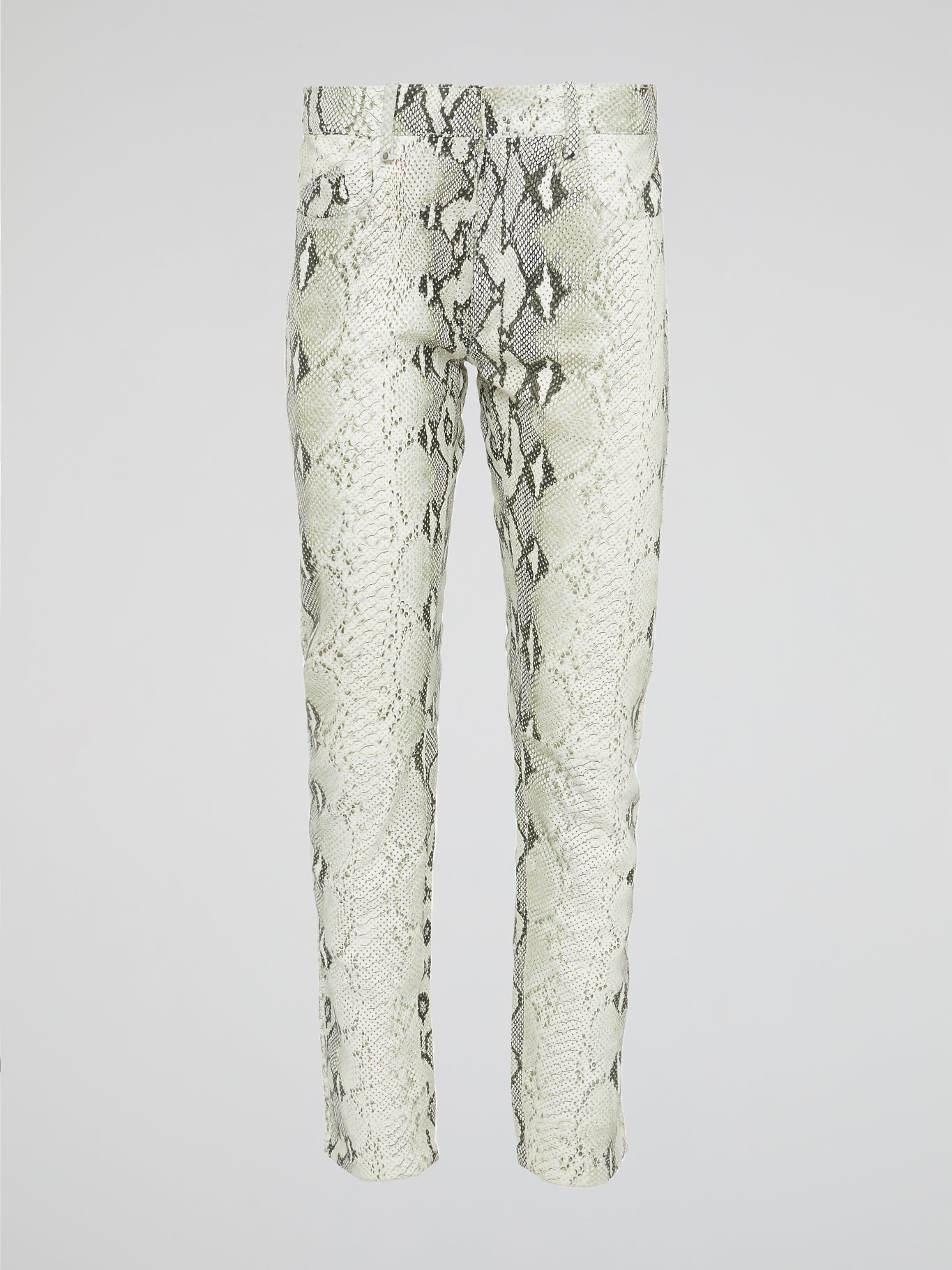 Infuse your wardrobe with a touch of wild sophistication with these snake print skinny trousers from Roberto Cavalli. Crafted from luxurious fabric, these statement pants will elevate any outfit from basic to bold in an instant. Step out in style and turn heads wherever you go with these modern, edgy trousers that exude confidence and glamour.