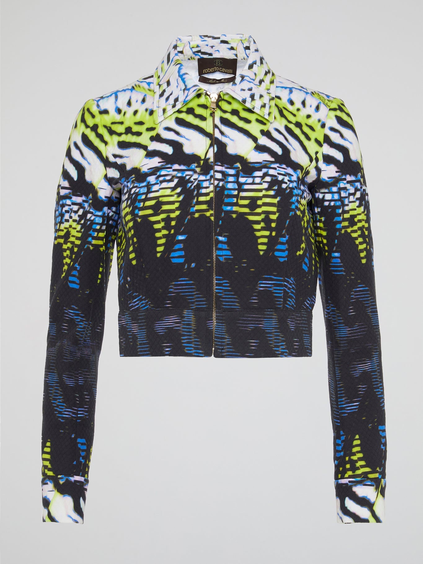 This Printed Zip Up Cropped Jacket by Roberto Cavalli is a bold and eye-catching piece that will make you stand out from the crowd. The intricate print and cropped silhouette add a touch of edgy flair to any outfit, while the high-quality construction ensures durability and longevity. Perfect for adding a statement piece to your wardrobe, this jacket is sure to turn heads and make a lasting impression wherever you go.