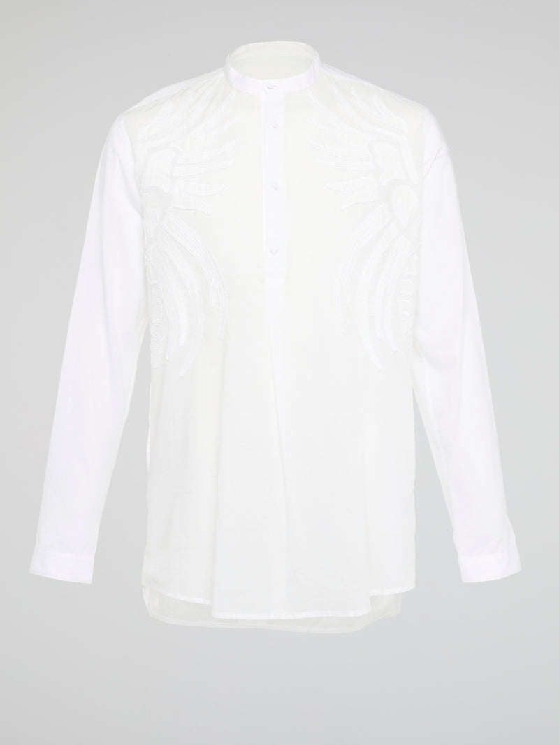 Elevate your style with the White Embroidered Mandarin Collar Shirt from Roberto Cavalli, a versatile piece that combines elegance and sophistication. The intricate embroidery and mandarin collar detail add a touch of luxury, making this shirt a standout addition to your wardrobe. Embrace your individuality and make a statement with this unique and timeless piece that is sure to turn heads wherever you go.