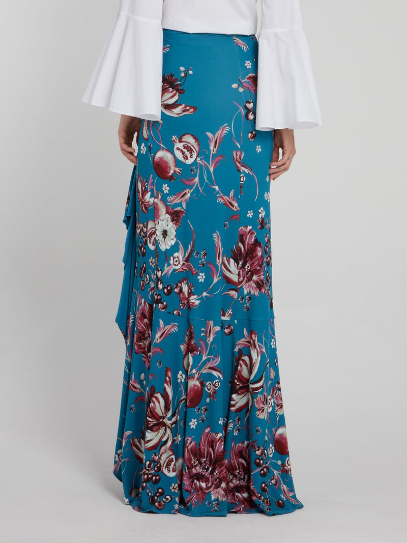 Синяя юбка-макси с оборками и цветочным принтом