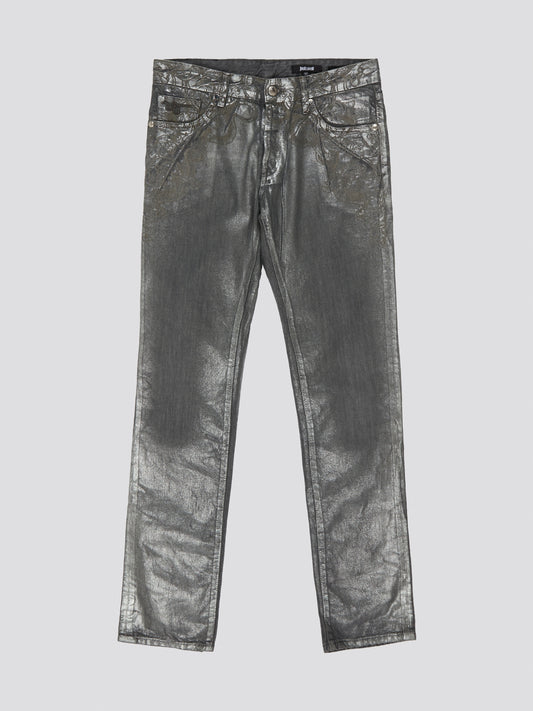 Shimmer and shine in style with Just Cavalli's Metallic Straight Cut Jeans, the perfect statement piece for any fashion-forward individual. Crafted with a touch of allure, these jeans offer a sleek silhouette and a bold metallic finish that will turn heads wherever you go. Elevate your denim game and unleash your inner rockstar with these edgy and versatile jeans that will make you stand out from the crowd.