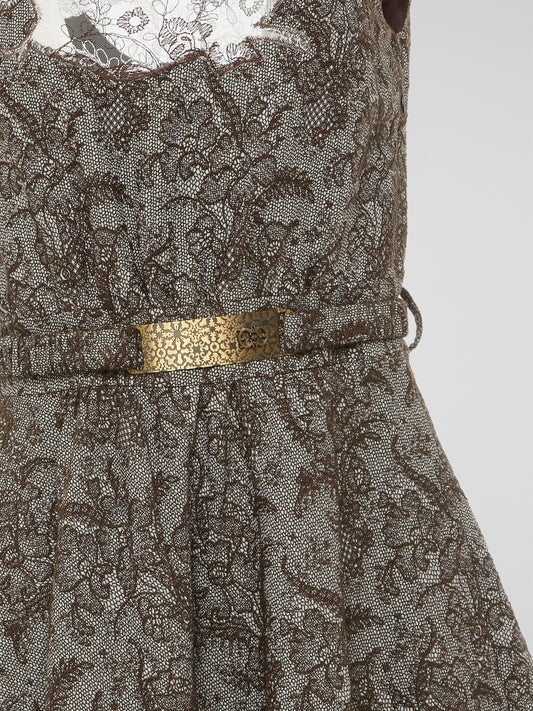 Brown Vintage Lace Overlay A-Line Dress with Metallic Accents