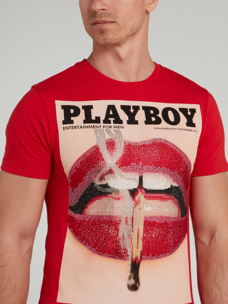 Red Playboy Print Round Neck T-Shirt