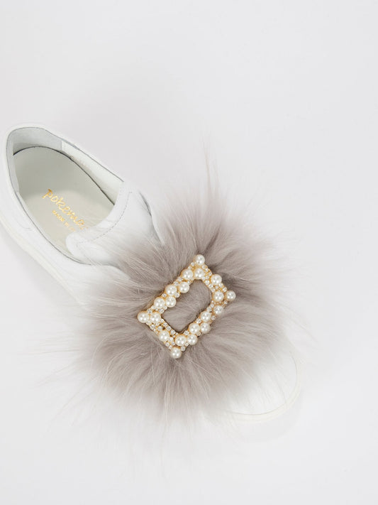 Pearl Embellished Fur Slip On Sneakers