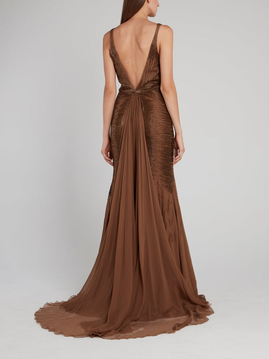 Brown Embellished Plunge Maxi Dress