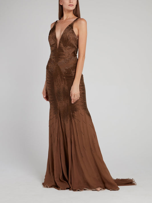 Brown Embellished Plunge Maxi Dress