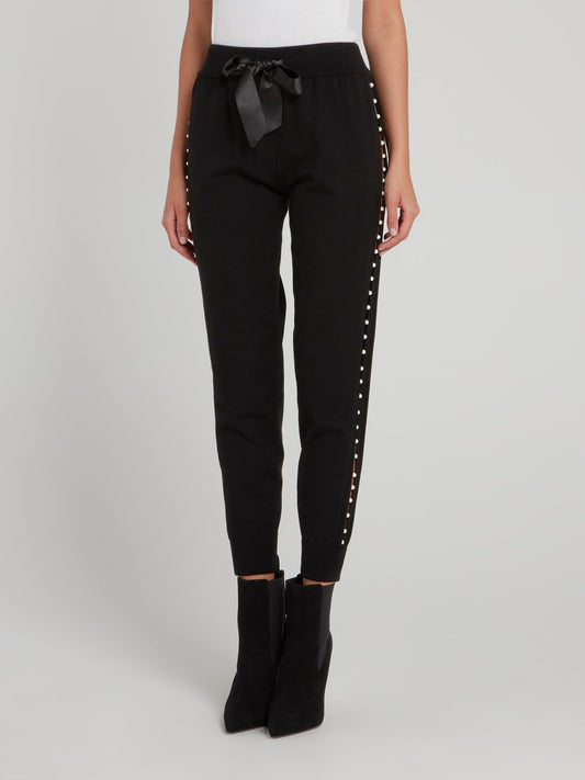 Black Ribbon Detail Pearl Embellished Trousers