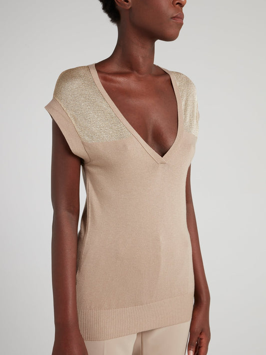 Beige with Gold Panel V-Neck Top