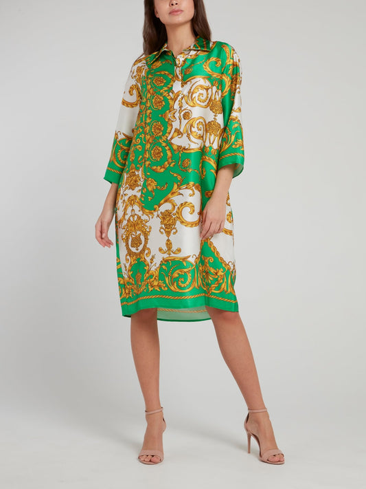 Зеленое шелковое платье-миди с барочным принтом