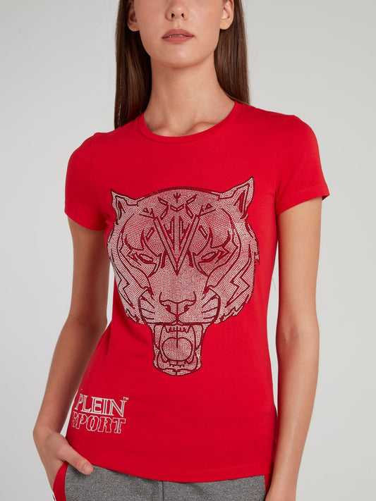 Red Studded Tiger Round Neck T-Shirt