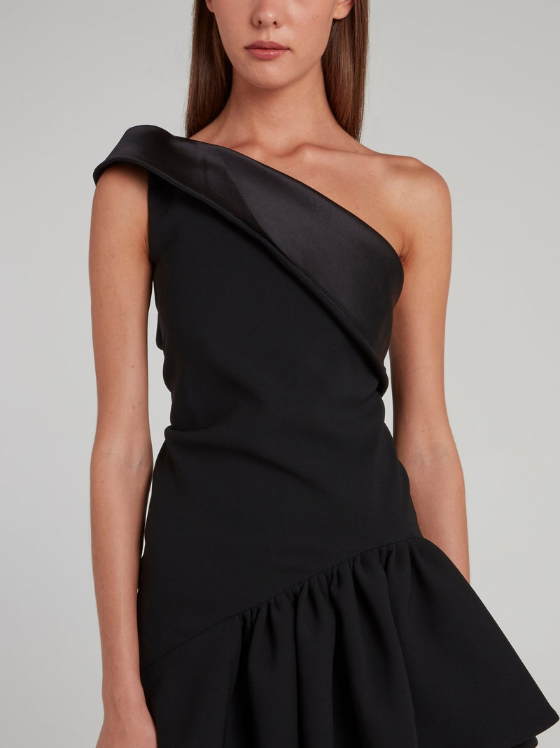 Black One-Shoulder Enfanta Ruffle Mini Dress