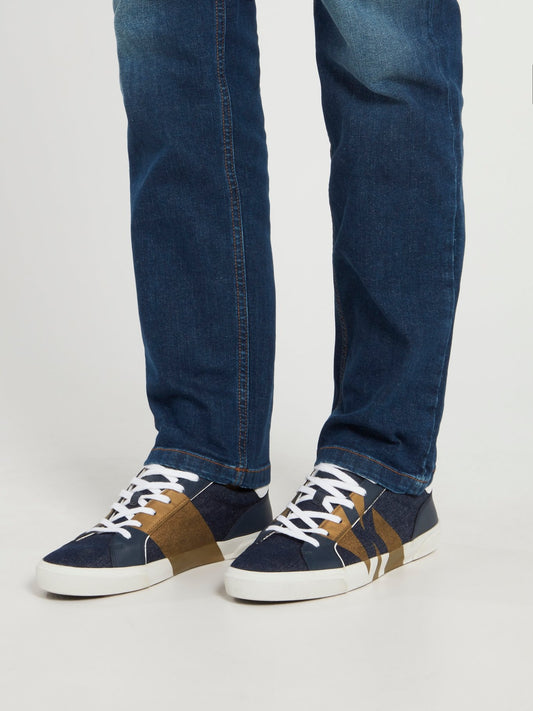 Темно-синие джинсовые кроссовки с золотыми полосками