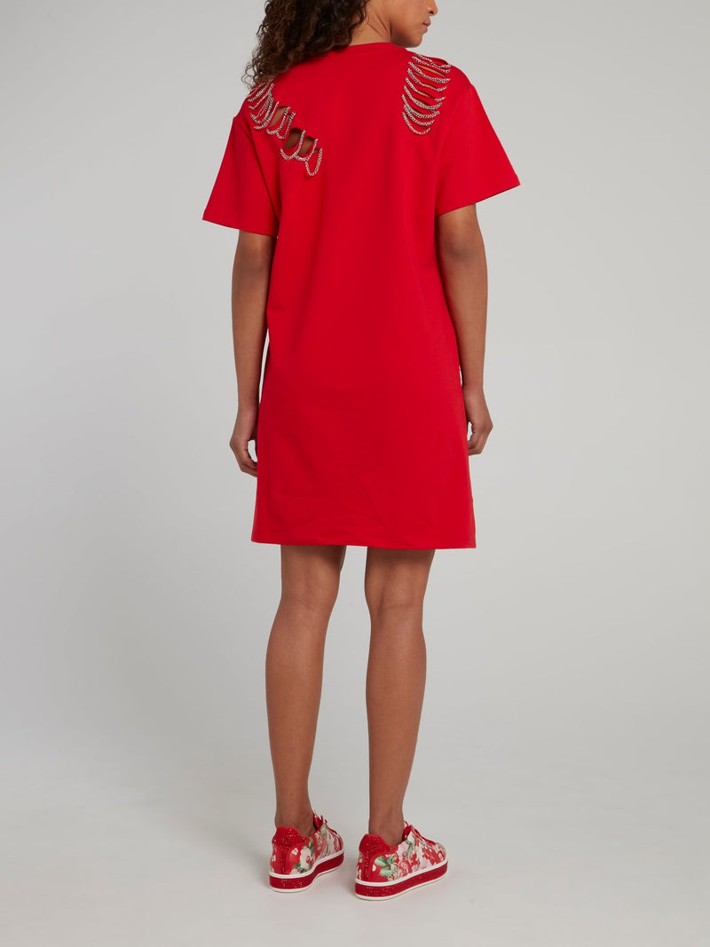 Red Chain Embellished T-Shirt Dress