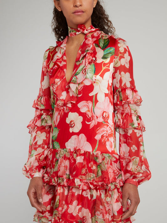 Платье-мини с цветочным принтом и рюшами