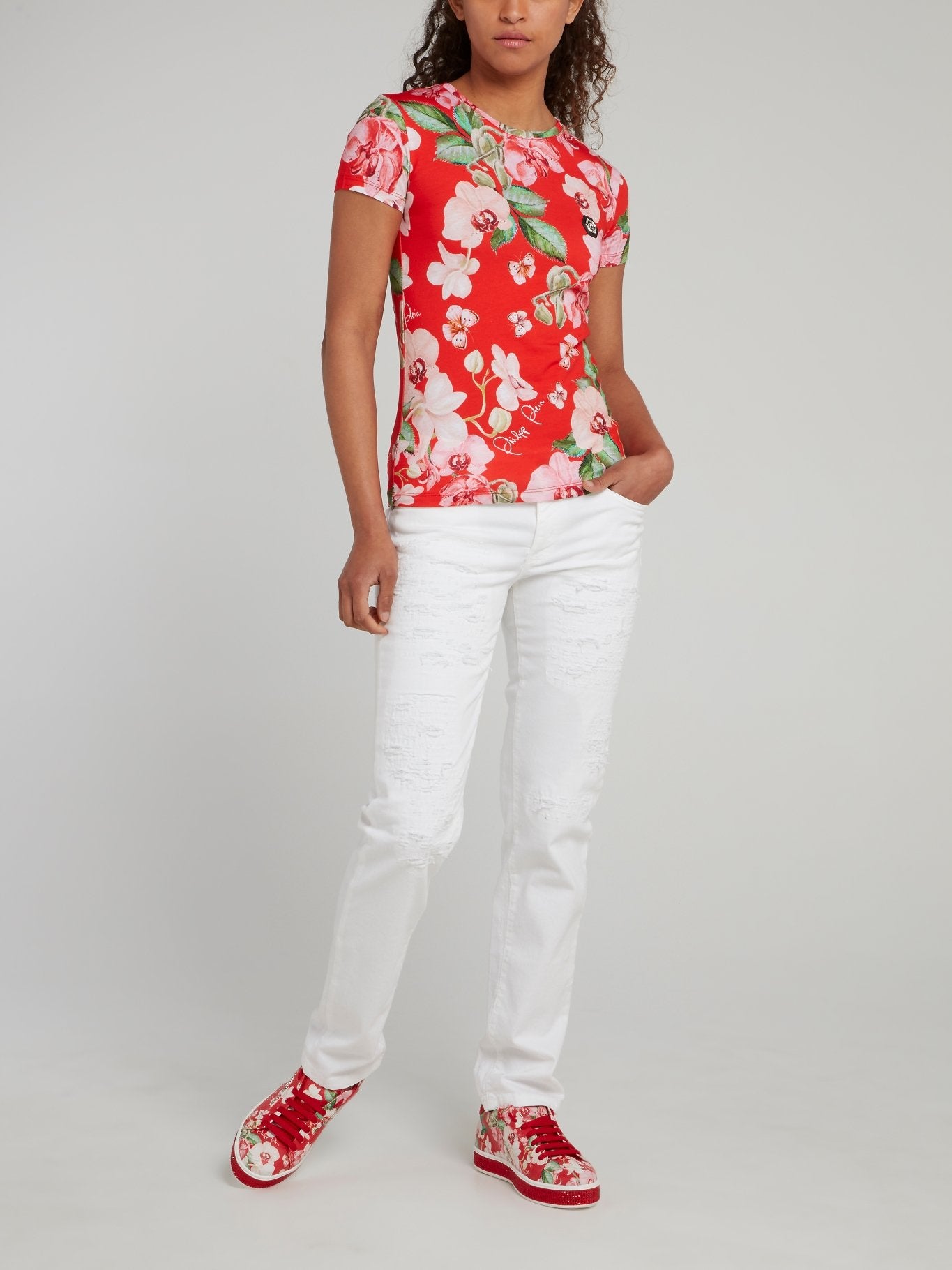 Back Studded Floral Print Fitted Shirt