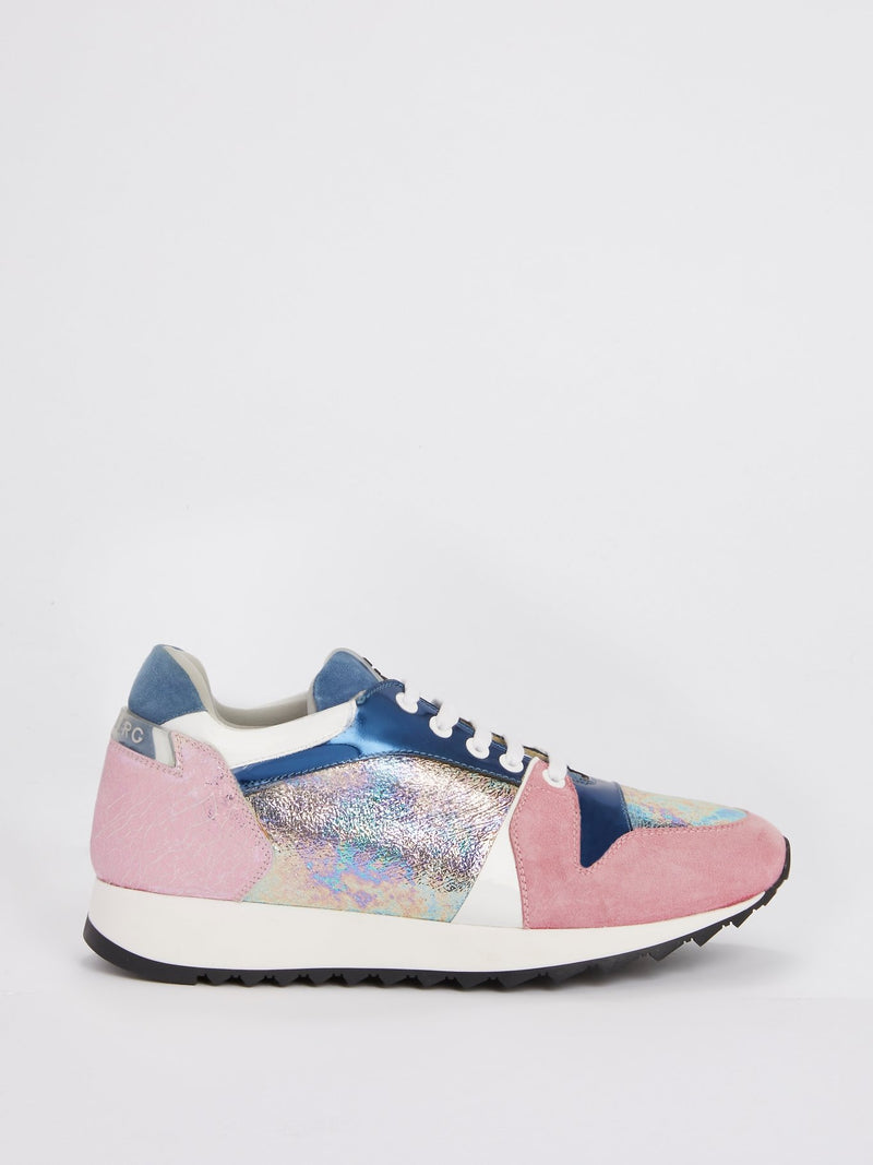 Pink Glitter Foil Panel Suede Sneakers