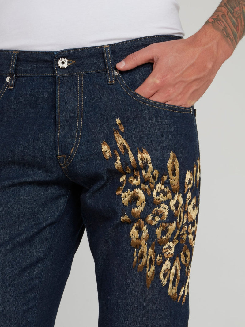 Straight Leg Leopard Embroidered Jeans