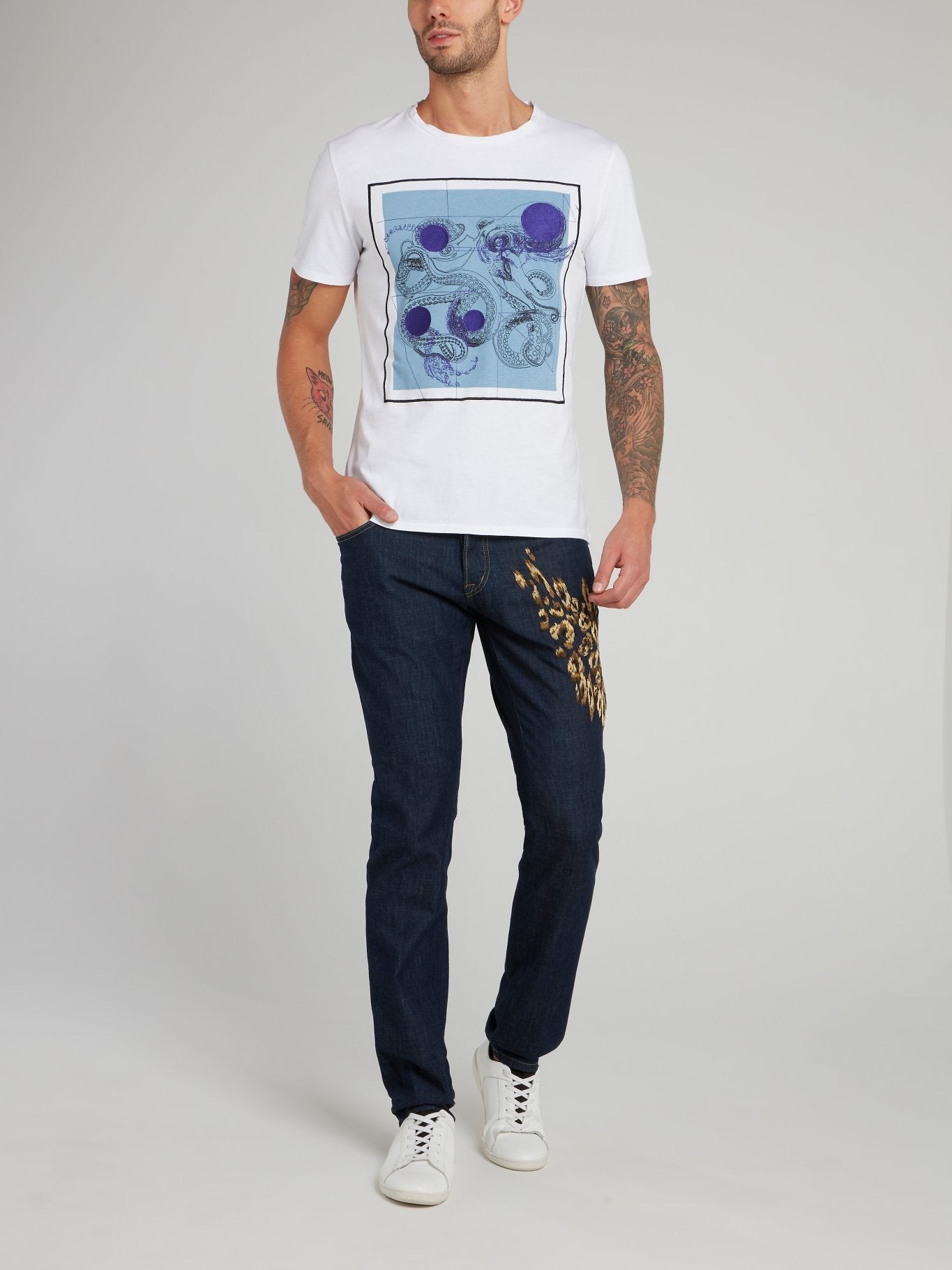 White Geometric Octopus Print T-Shirt