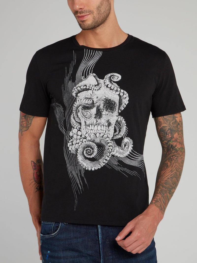 Black Octoskull Print T-Shirt