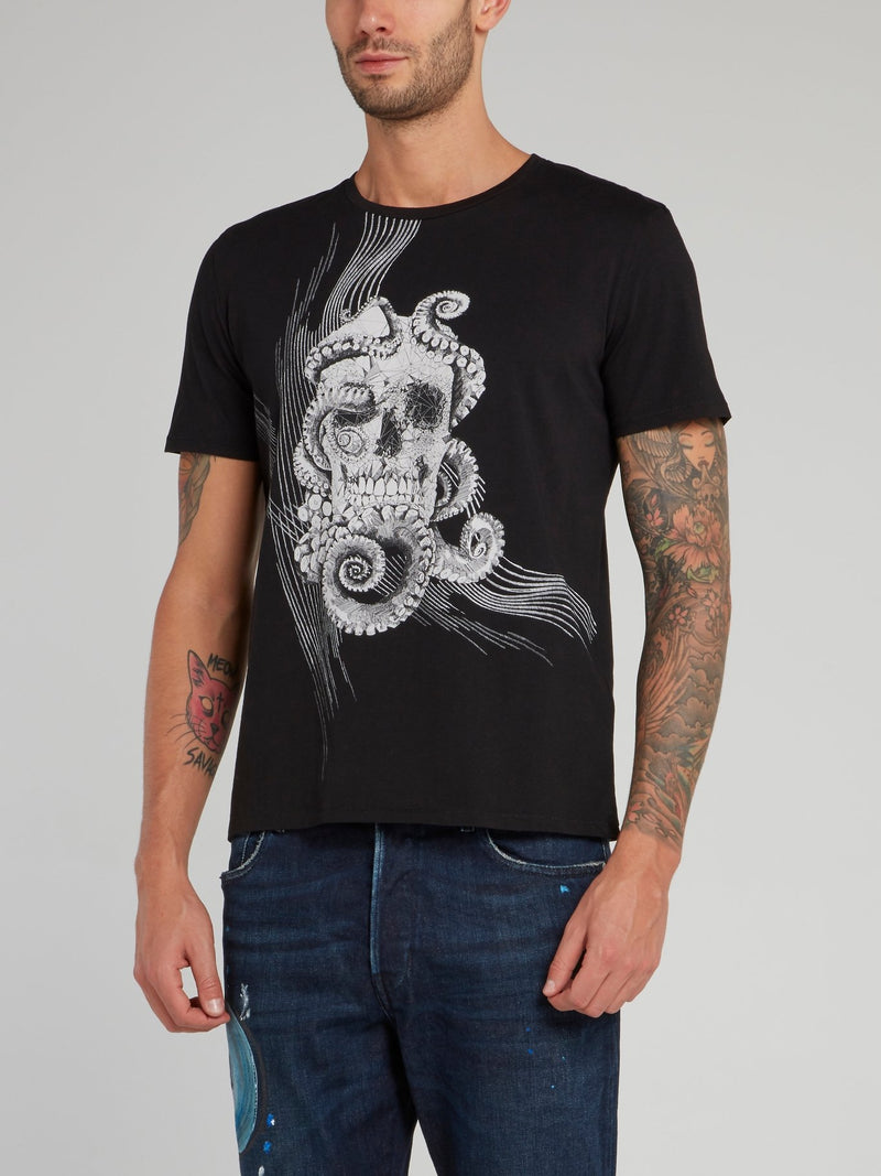 Black Octoskull Print T-Shirt