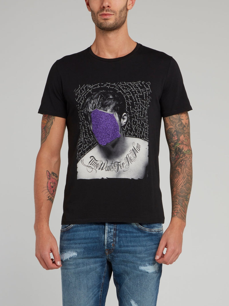 Black Glitter Face Print Round Neck T-Shirt
