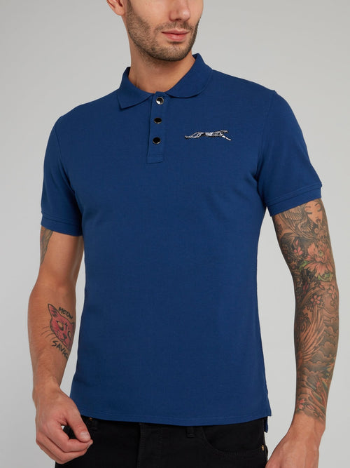 Blue Leopard Logo Cotton Polo Shirt
