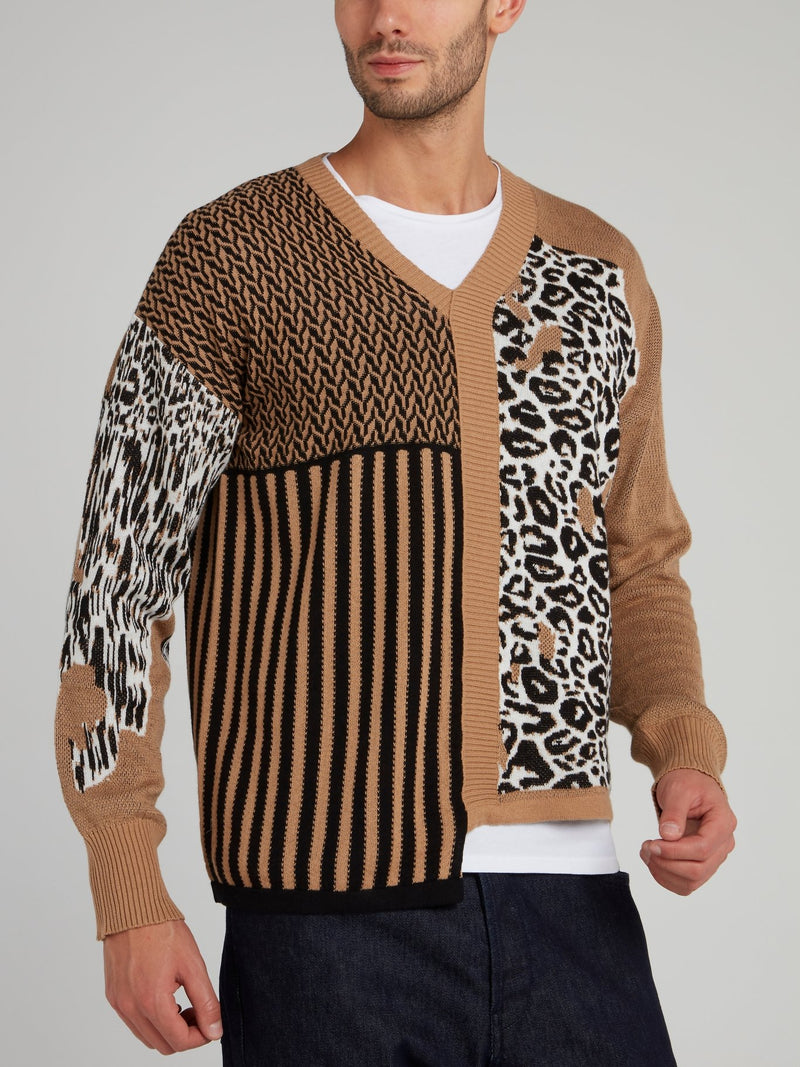 Brown Leopard and Stripes Panel Pullover