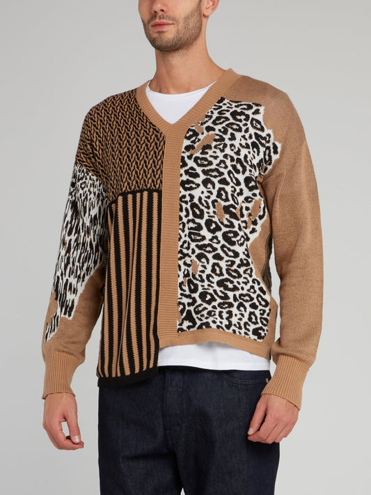 Коричневый пуловер со вставками из леопардового принта и полоской