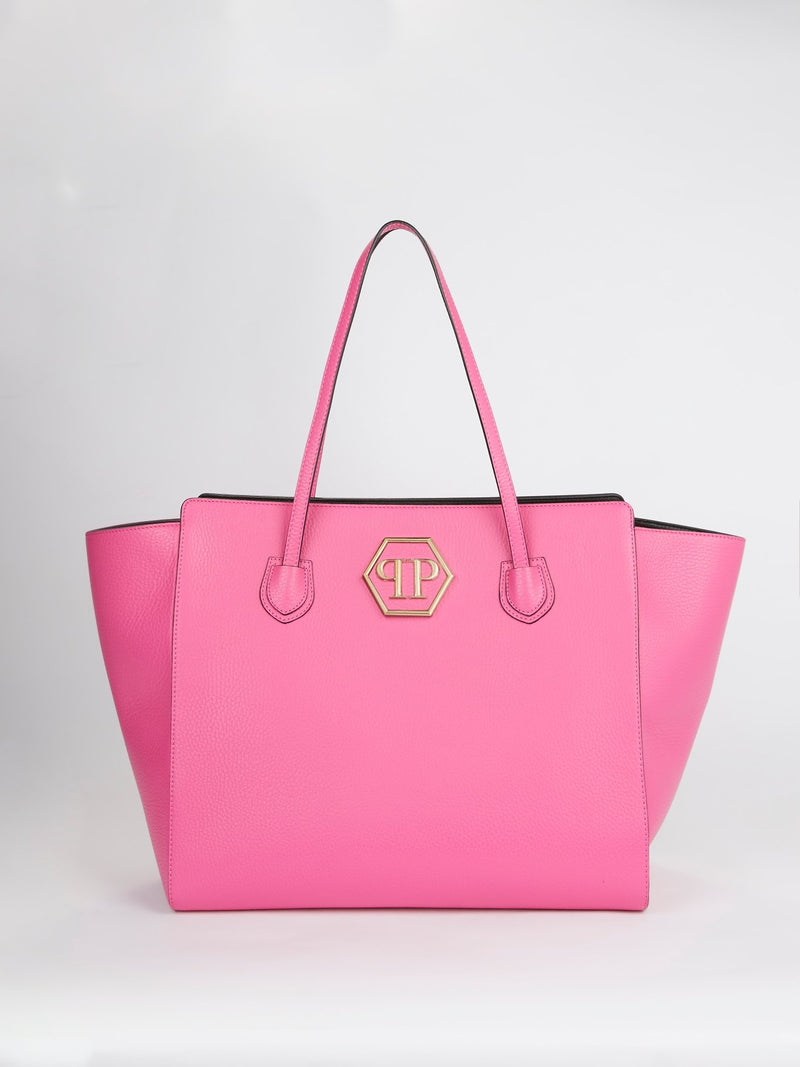 Pink Contrast Leather Tote Bag