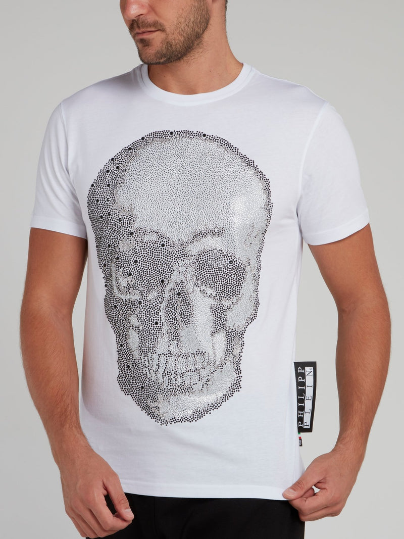 White Studded Shadow Skull Round Neck T-Shirt