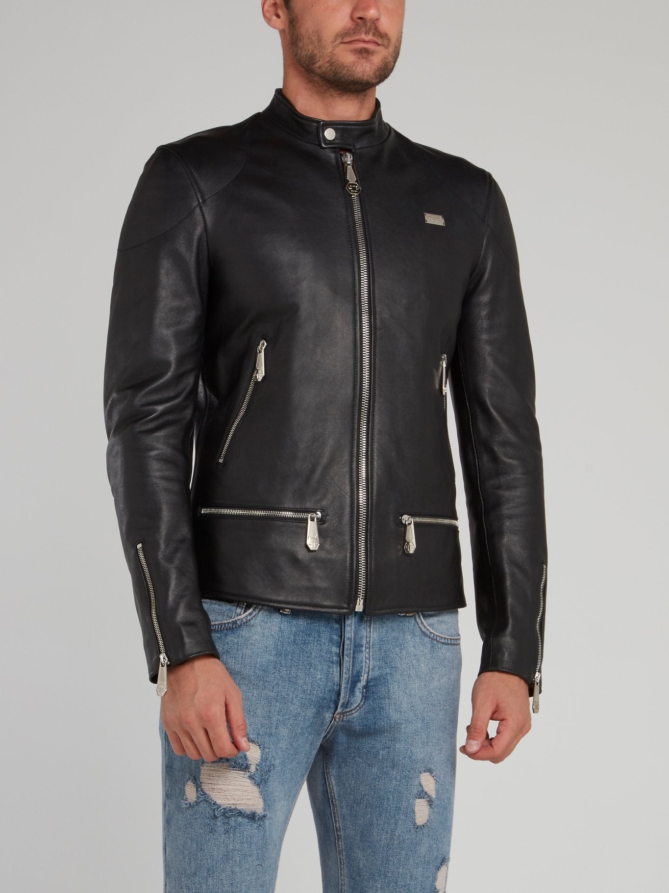 Black Clasp Neck Leather Moto Jacket
