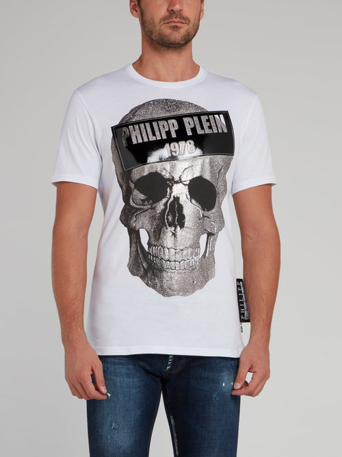 Metallic Skull Print Cotton T-Shirt