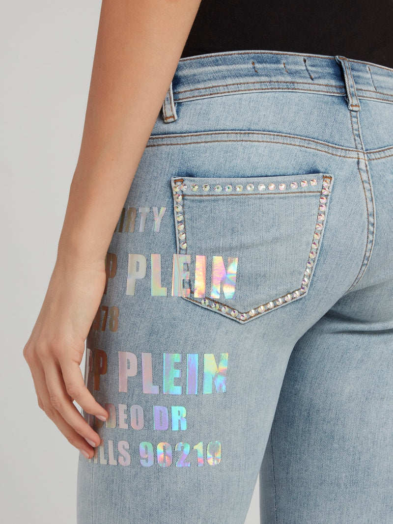 Studded Slim Fit Logo Acid Wash Jeans