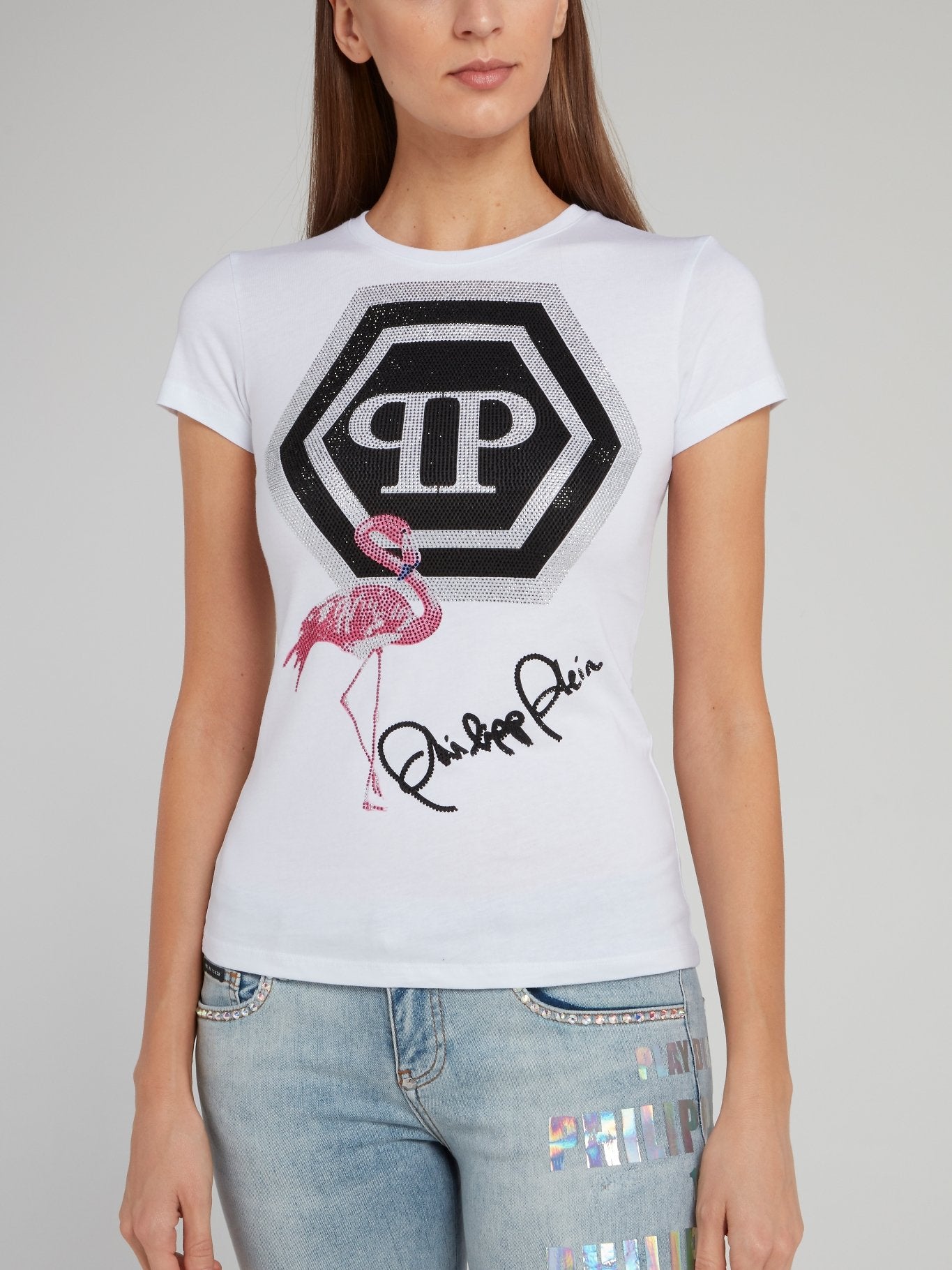 White Studded Flamingo Print Logo T-Shirt