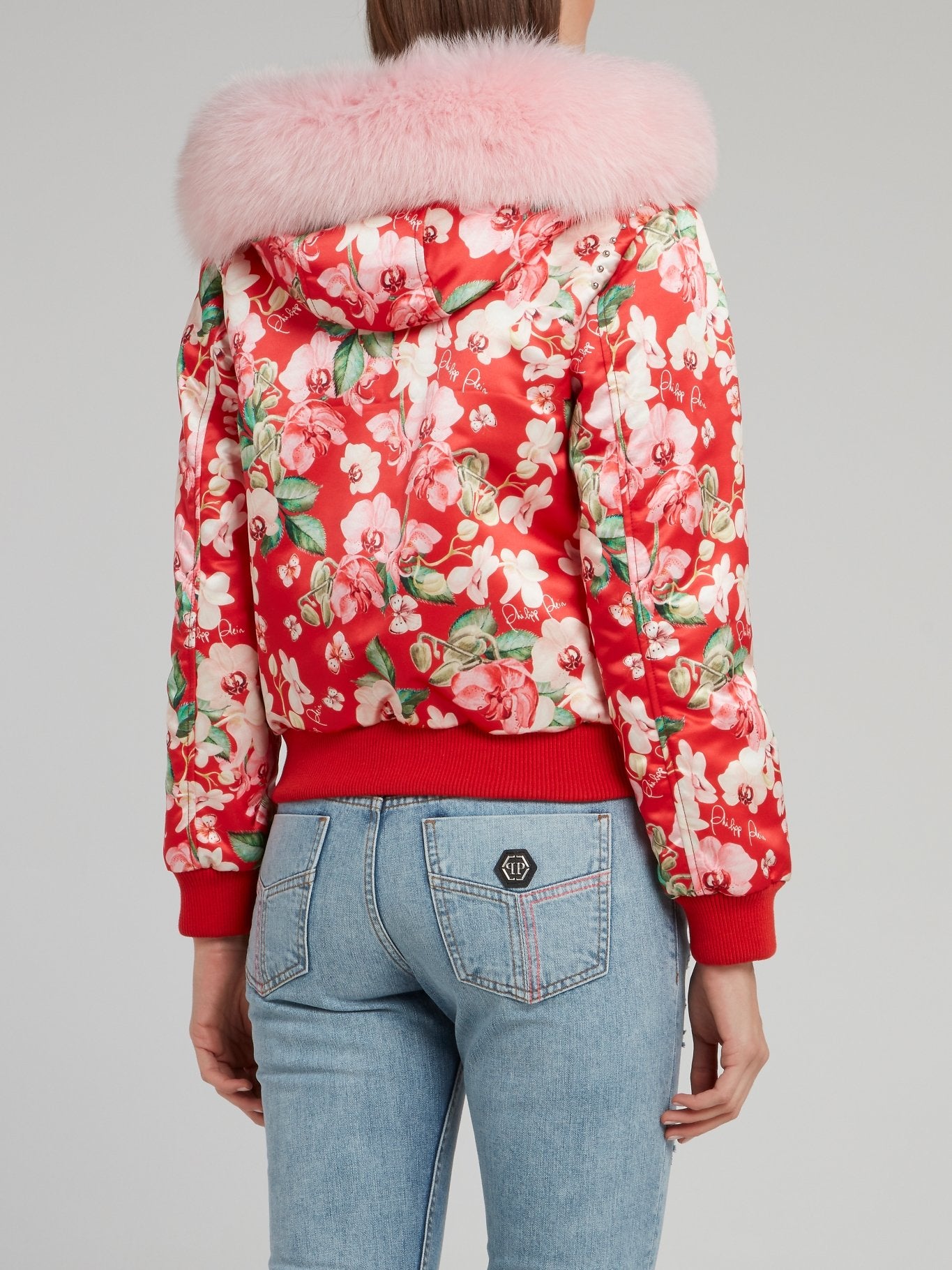 Red Floral Print Fur Collar Bomber Jacket