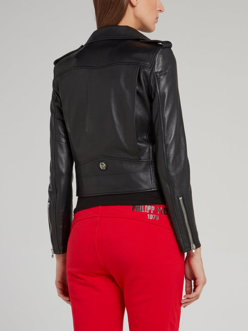 Black Cropped Leather Biker Jacket