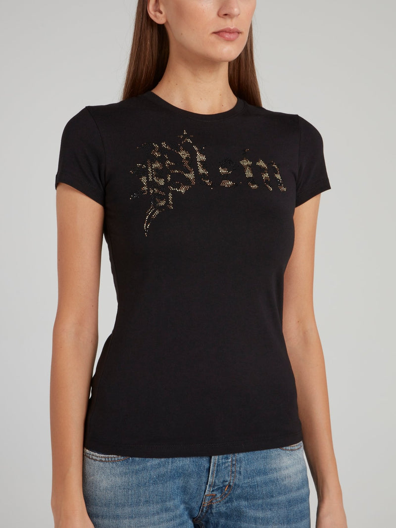 Black Studded Leopard Print Logo T-Shirt