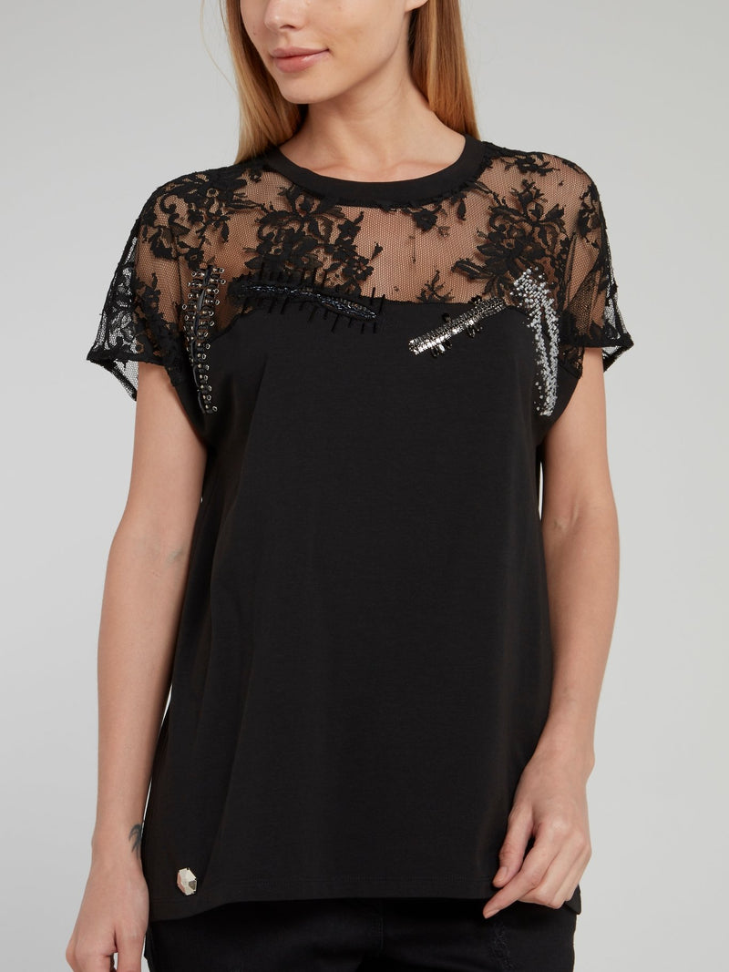 Black Embellished Mesh Panel Top