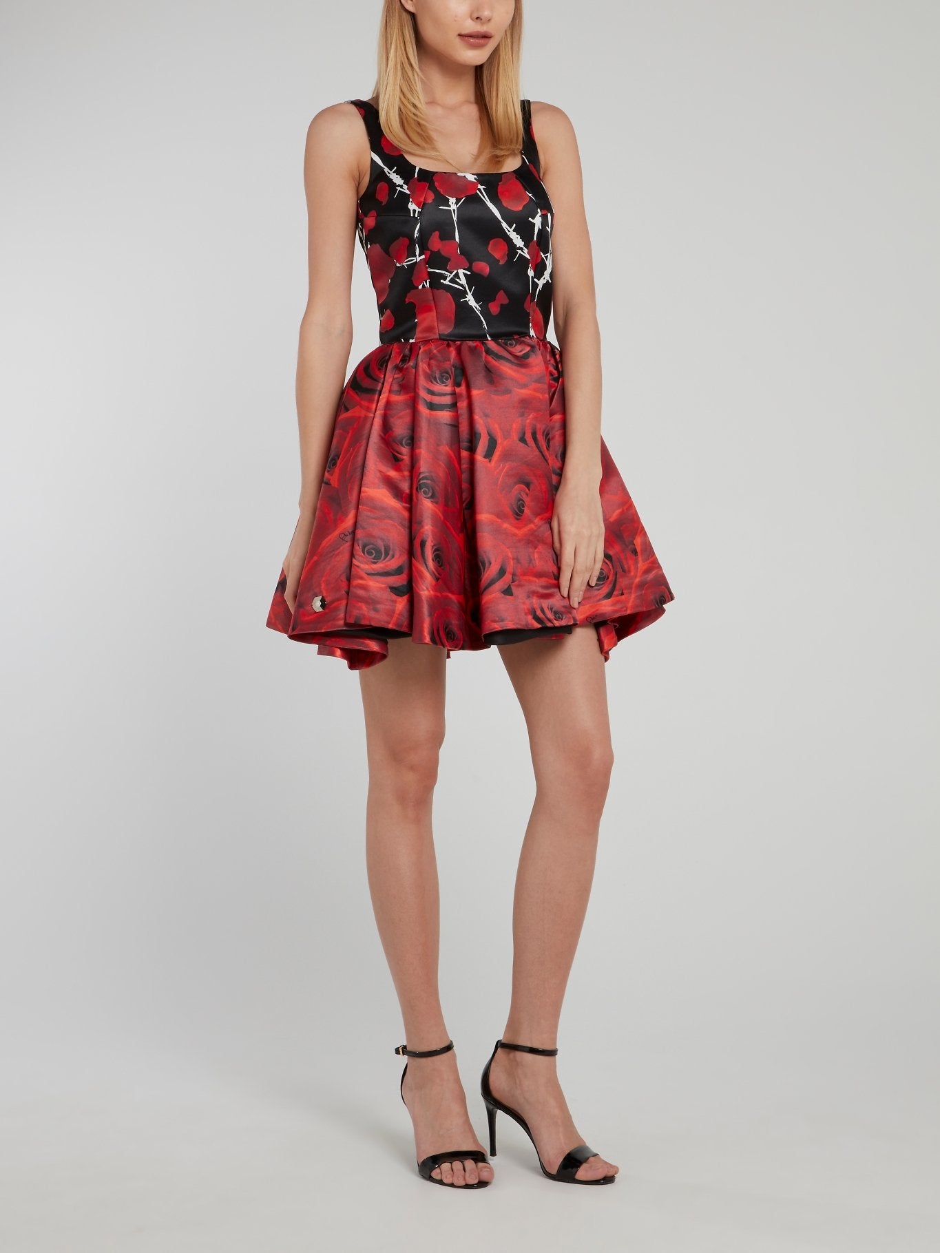 Black Rose Print Pleated Mini Dress