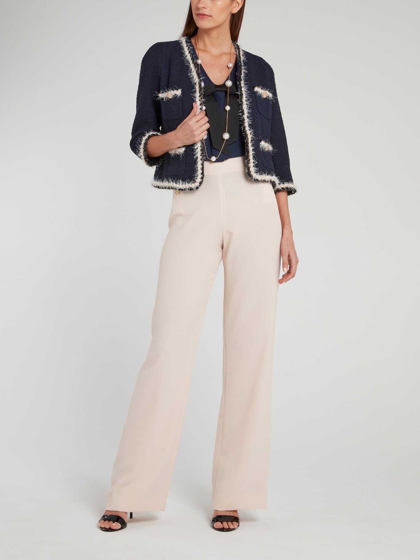 Beige Button Embellished Boot-Cut Pants