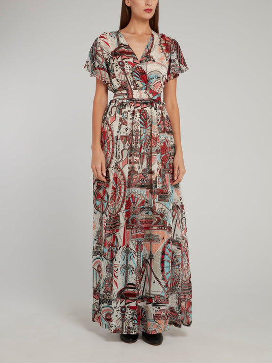 Theme Park Print Surplice Maxi Dress